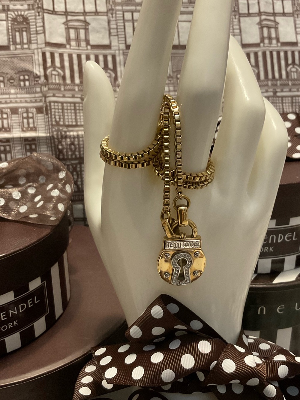 RARE Henri Bendel Luxe Pavé Lock Pendant Necklace Double Sided Swarovski HTF